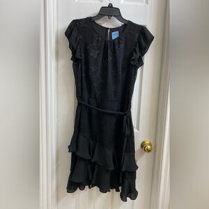 Cece Womens Fit & Flare Dress Black Floral Flutter Sleeve Ruffle Keyhole Size M